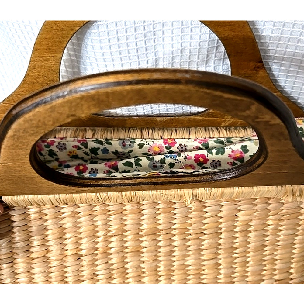 Vtg Cappelli Straworld Picket Fence Purse Wood Handles Rafia Lined Cottage Core - Picture 4 of 13